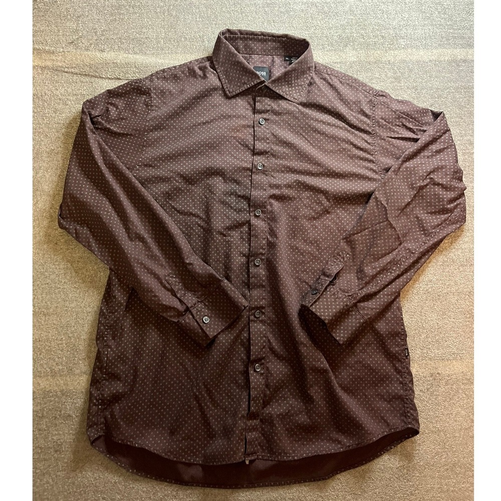 Hugo Boss Mens XL Brown Diamond Print Cotton Button Down Shirt Preppy Office